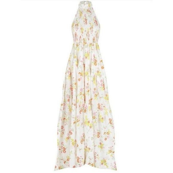 S/W/F Shirred Floral Print Halter Sleeveless Tiered Garden Party Maxi Dress SWF - Picture 2 of 5